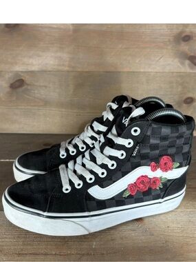 Vans Black Checkered High-Top Sneakers with White Stripe and Red Rose Embroidery